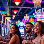 Permainan Slot Game yang menarik dengan pemain bersenang-senang di kasino.