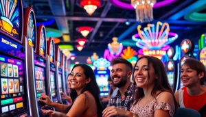 Permainan Slot Game yang menarik dengan pemain bersenang-senang di kasino.