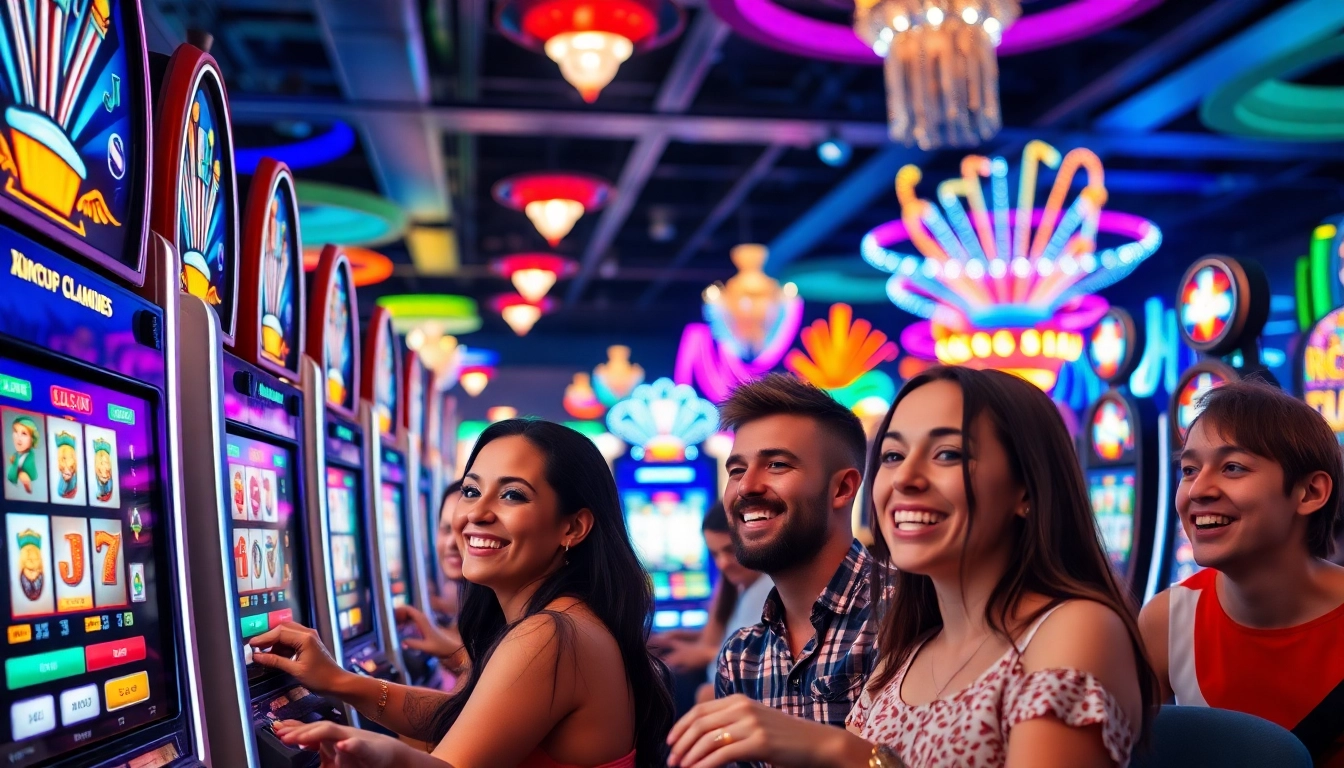 Permainan Slot Game yang menarik dengan pemain bersenang-senang di kasino.