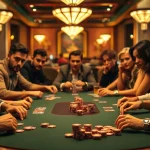 Engaged players participating in a Poker Game at a table with chips and cards.