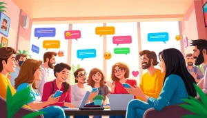 مشهد تفاعلي لغرفة دردشة شات دردشتي مع مستخدمين متنوعين وفقاعات دردشة نابضة بالحياة.