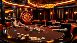 Players strategizing at a poker table in a luxurious casino setting, highlighting mm88com gaming elements.