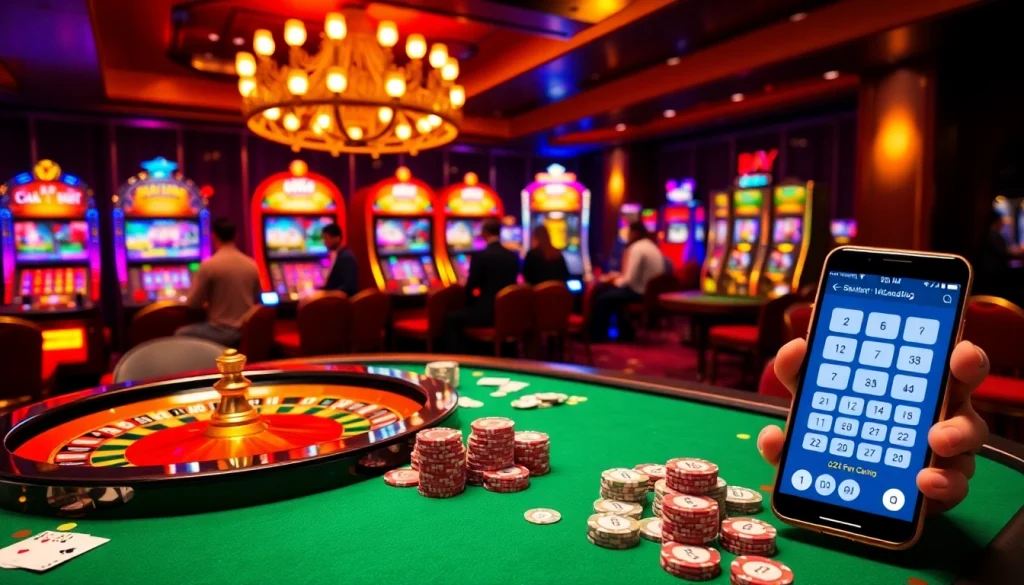 Experience the thrill of the 22JL app within a luxurious casino setting, showcasing poker and roulette.