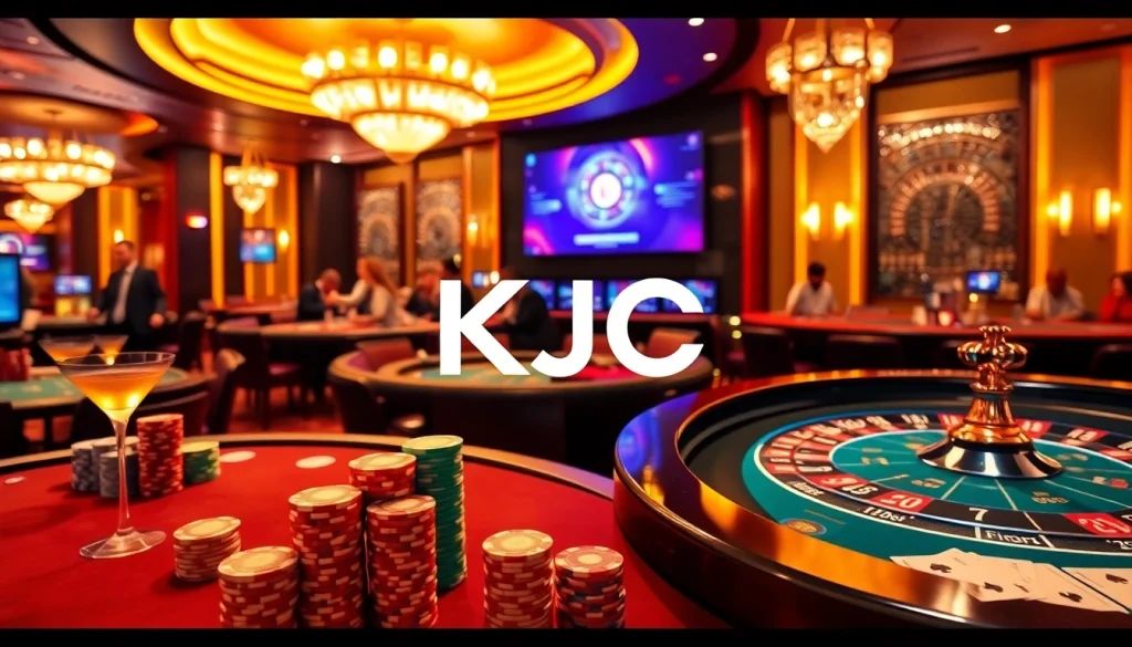 KJC casino scene showcasing illuminated poker tables and a spinning roulette wheel.