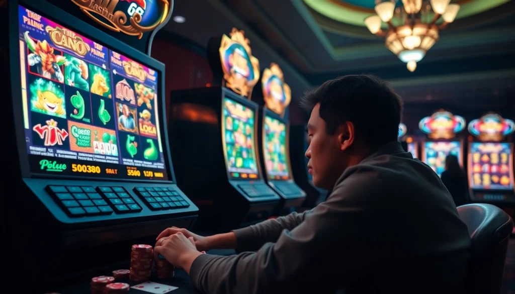 Engage with slot api raja 88 at a luxurious casino showcasing vibrant slot machines and poker chips.