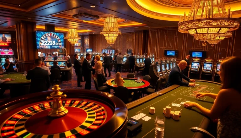 Engaging gaming experience at 222bd one with roulette wheel, poker chips, and lively casino tables.