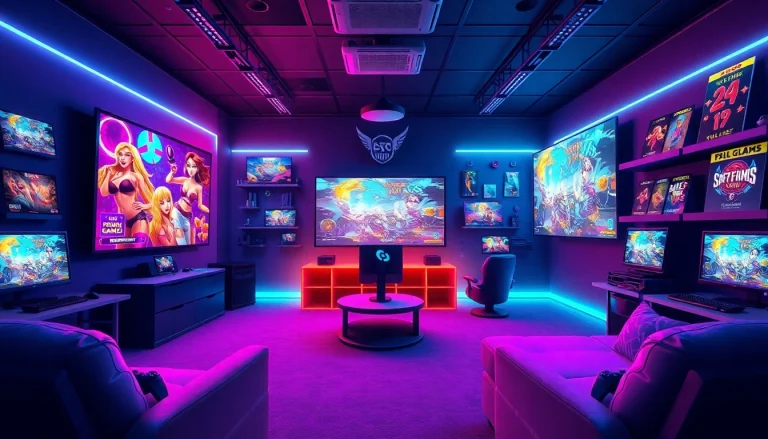 Interactive scene showcasing vibrant porn games in a modern gaming room with colorful screens.