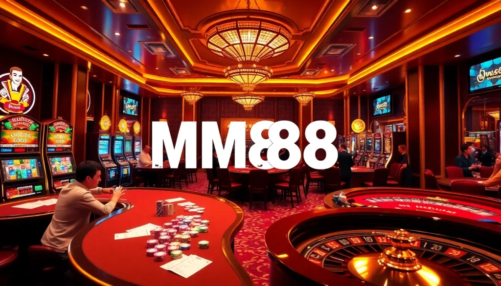 Exciting gaming at MM88 casino with vibrant tables, cards, and roulette, showcasing professional gambling action.