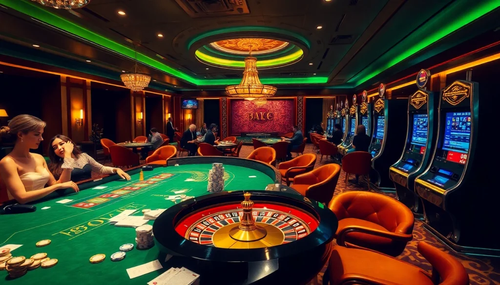 Experience the excitement of winning at https://bl555.family/ with a vibrant casino scene featuring roulette and poker games.