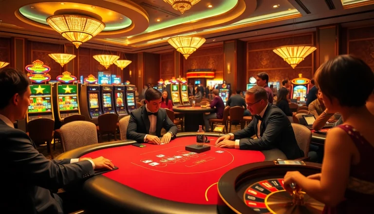 Players strategizing a poker game at 5z7772 com's luxurious casino, surrounded by vibrant slot machines.