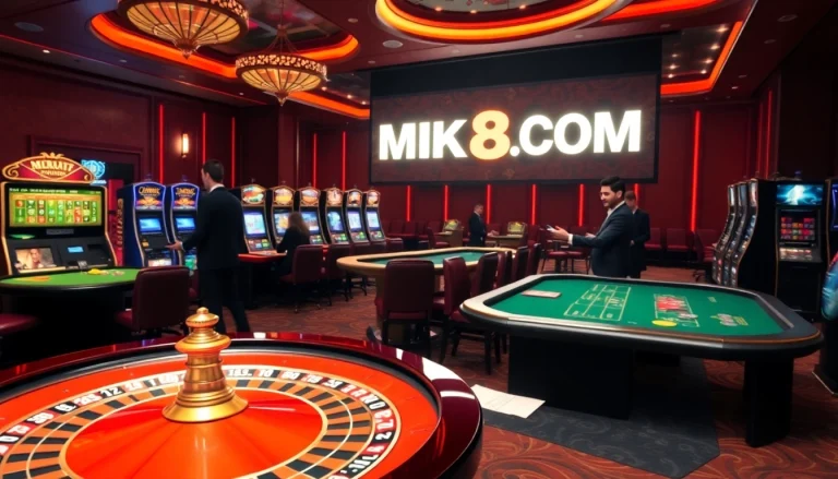 Engaging players at bustling tables in an MK8.COM casino, showcasing excitement and strategic betting.