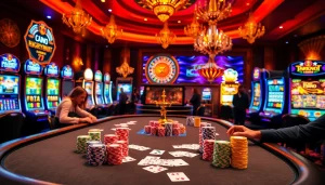 Engaging casino scene with poker games and vibrant elements from https://kk55.host/ for gamblers.