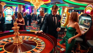 Players enjoying thrilling games at https://xx88.nl/, featuring roulette and slot machines in an exciting casino atmosphere.
