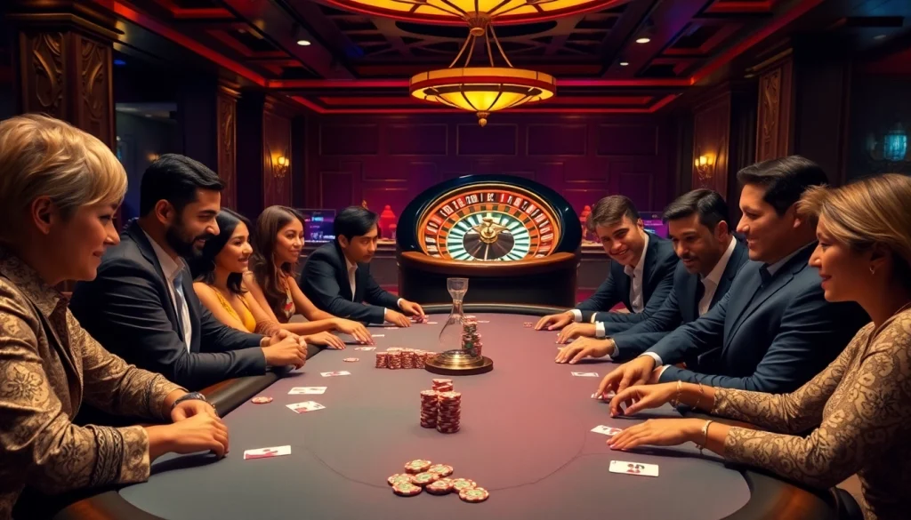 Players enjoying a thrilling poker game at a luxurious casino table showcasing 79 king chips and cards.