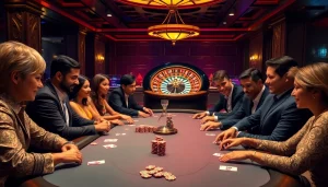 Players enjoying a thrilling poker game at a luxurious casino table showcasing 79 king chips and cards.