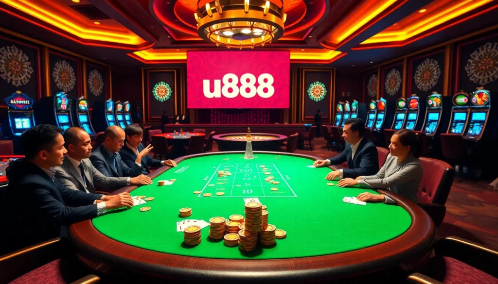 A high-stakes poker game at u888, featuring luxurious chips, cards, and an exciting casino atmosphere.