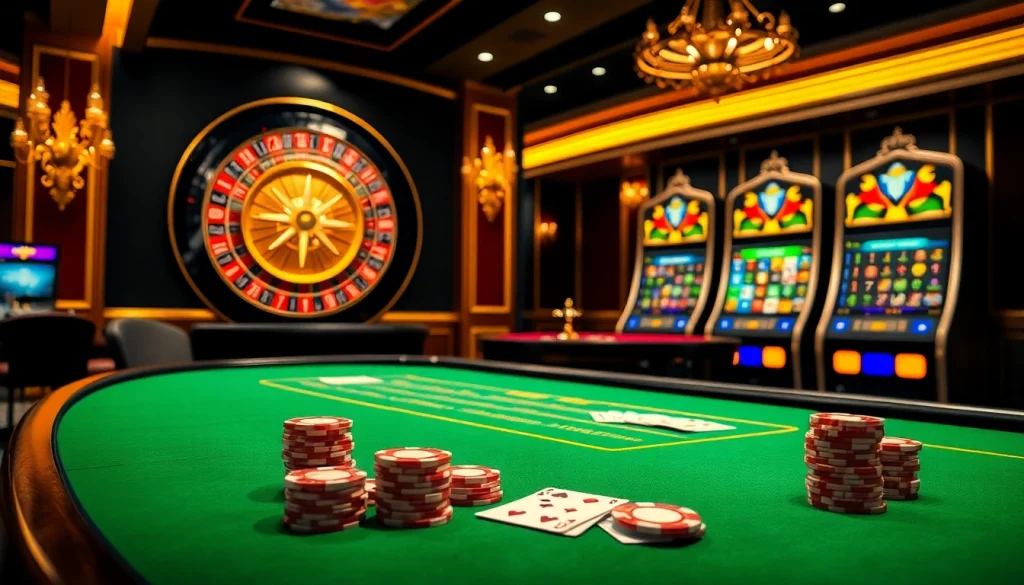 Pahala4d highlights an energizing casino scene with poker chips and vibrant slot machines.