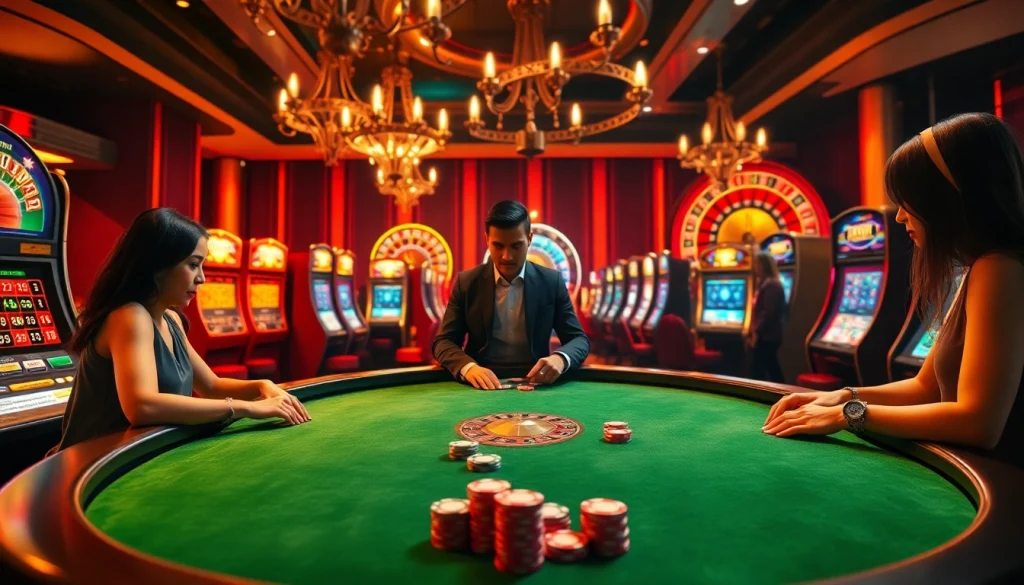 Experience the thrill of 555win with vibrant slot machines and a luxurious poker table.