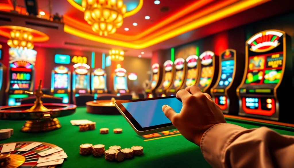 Players enjoying Gopay88 Daftar at a luxurious casino table with vibrant poker chips and glowing slots.