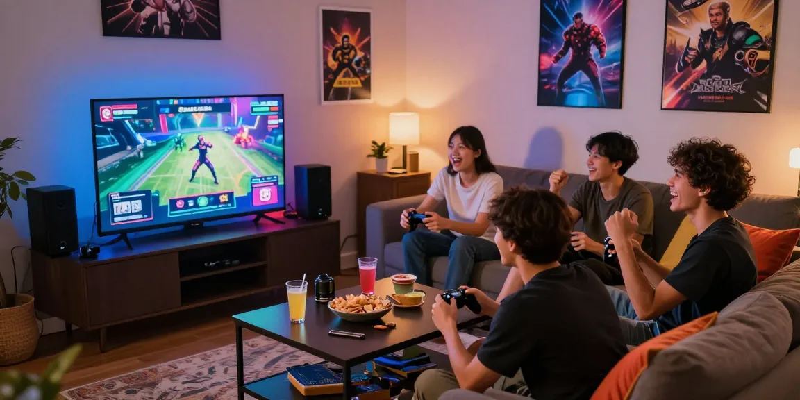 Friends enjoying Raja Game login session in a cozy gaming setting with snacks and vibrant lights.